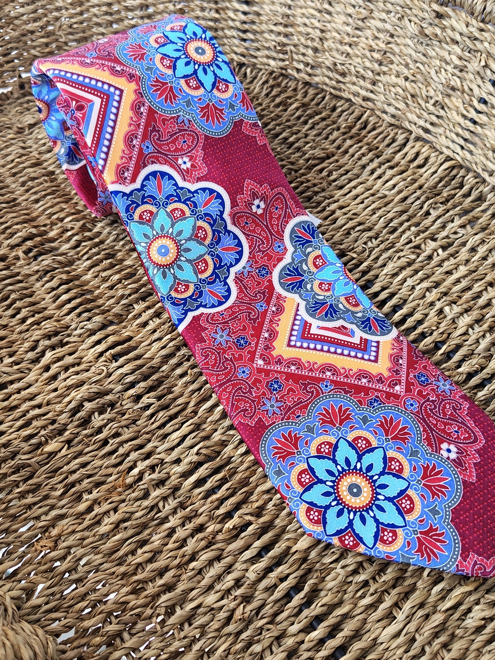 Murano Red Paisley Medallion Silk Tie with Blue Accents
